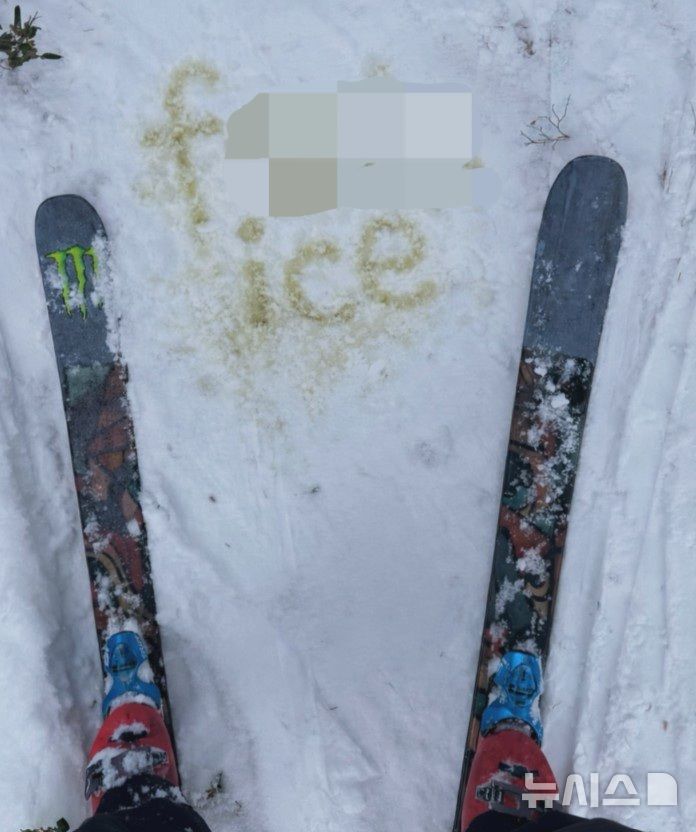 [서울=뉴시스]7일(현지시간) 영국 가디언에 따르면, 영국 남자 프리스타일 스키 국가대표 거스 켄워시(35)는 동계올림픽 개막을 앞두고 자신의 소셜네트워크서비스(SNS)에 소변으로 눈밭 위에 문구를 새긴 사진 한 장을 올렸다. 눈 위에 소변을 활용해 정교하게 쓴 'F○○○ ICE(미국 이민세관단속국)'라는 비속어가 선명했다. (사진 = 거스 켄워시 SNS 캡처)