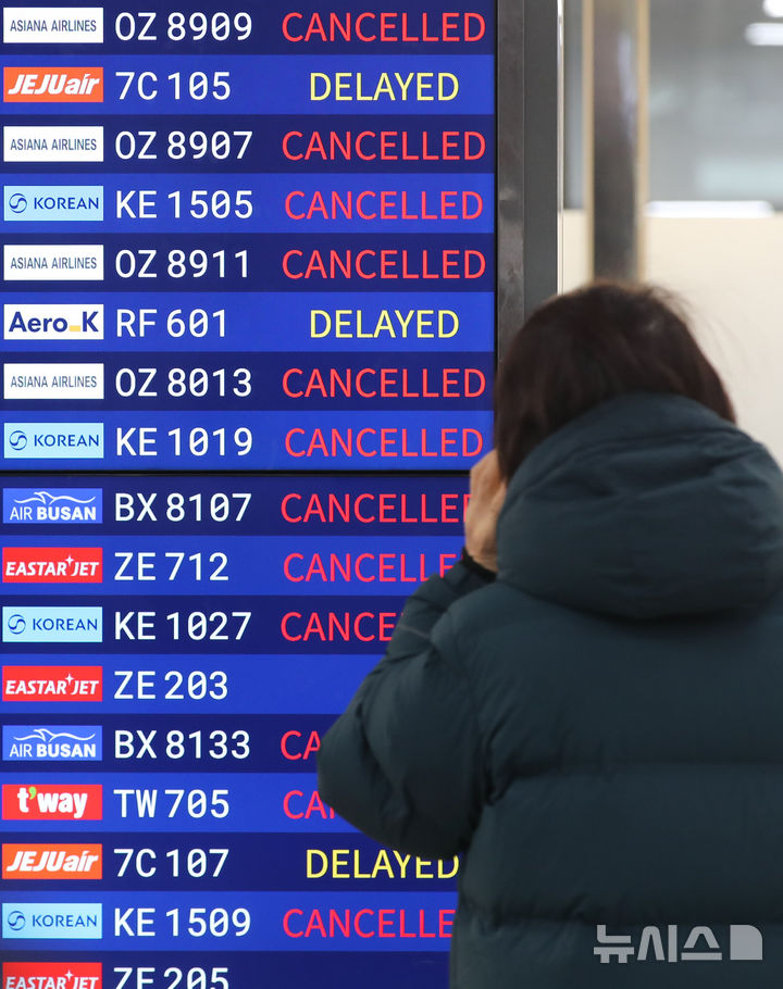 [제주=뉴시스] 우장호 기자 = 제주 지역 강설로 제주공항 활주로가 임시 폐쇄된 8일 오전 제주국제공항 3층 출발장에 제주를 떠나려는 이용객들의 발걸음이 이어지고 있다. 2026.02.08. woo1223@newsis.com