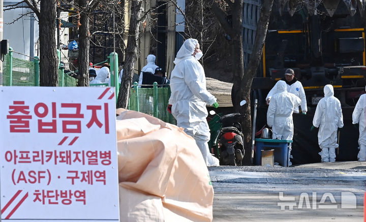 [화성=뉴시스] 김종택 기자 = 8일 아프리카돼지열병(ASF)이 발생한 경기 화성시 한 양돈농가에서 방역관계자들이 분주하게 움직이고 있다.&nbsp; 방역당국은 아프리카돼지열병 확산 방지를 위해 해당 농장에 초동방역팀·역학조사반을 파견하고 사육중인 돼지는 아프리카돼지열병 긴급행동지침 등에 따라 살처분을 실시하고 있다. 2026.02.09. jtk@newsis.com