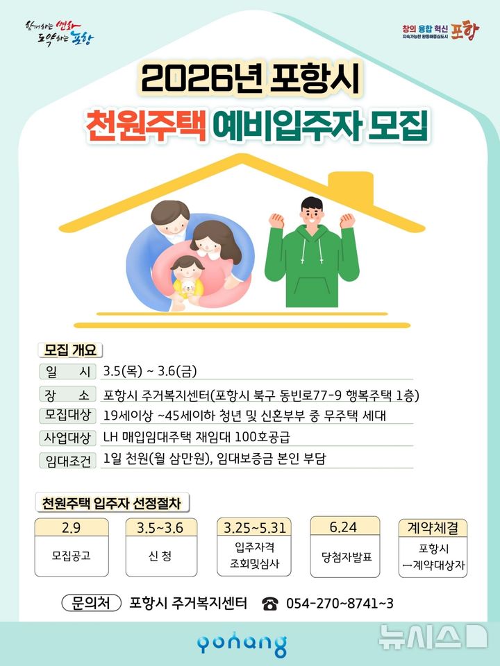 [포항=뉴시스] 송종욱 기자 = 올해 포항시 천원 주택 예비 입주자 모집 포스터. (사진=포항시 제공) 2026.02.09. photo@newsis.com