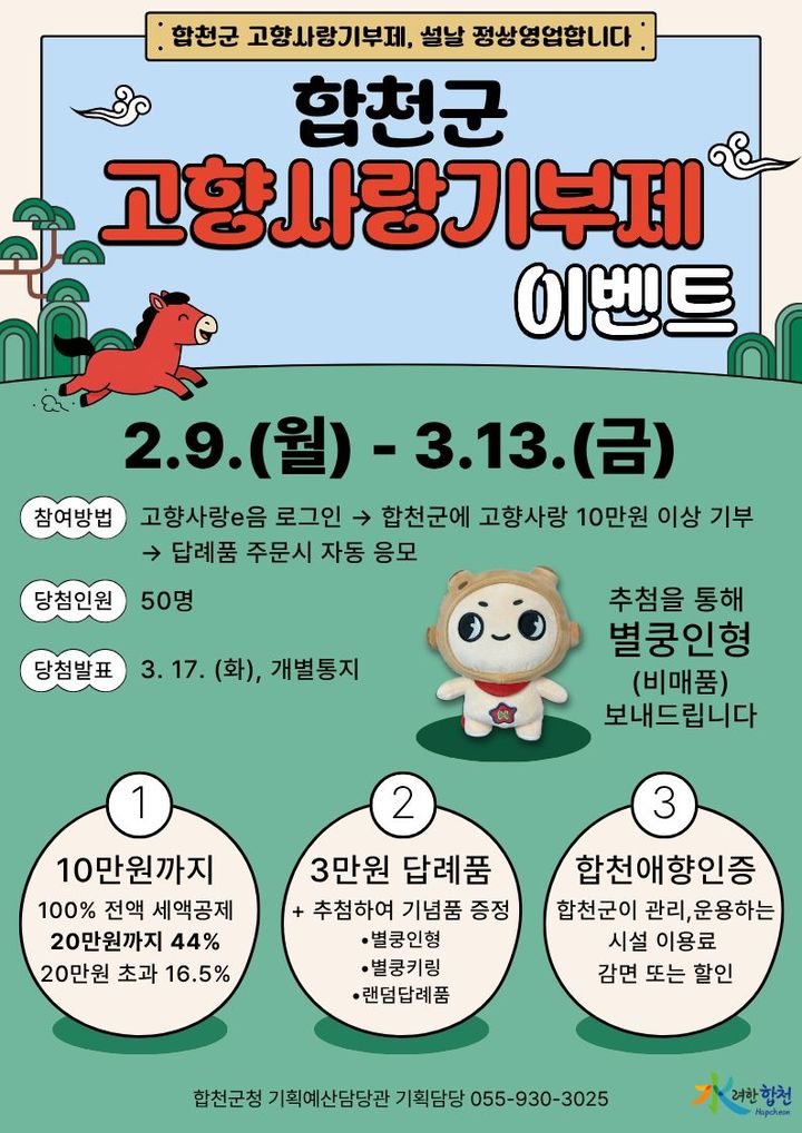 합천 고향사랑기부제, 설명절 이벤트…인형·키링·답례품