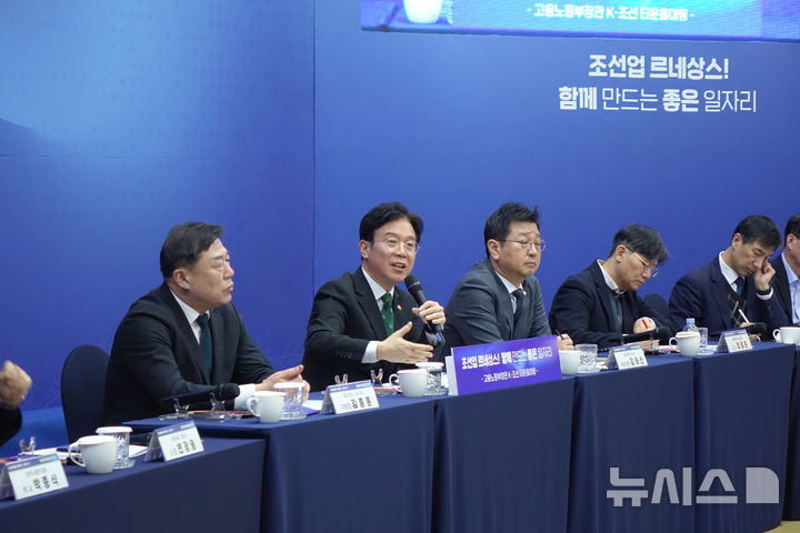 [울산=뉴시스] 박수지 기자 = 김영훈 고용노동부 장관이 9일 오후 울산 동구에서 진행된 '조선업 르네상스, 함께 만드는 좋은 일자리' 타운홀미팅을 진행하고 있다. 2026.02.09. parksj@newsis.com