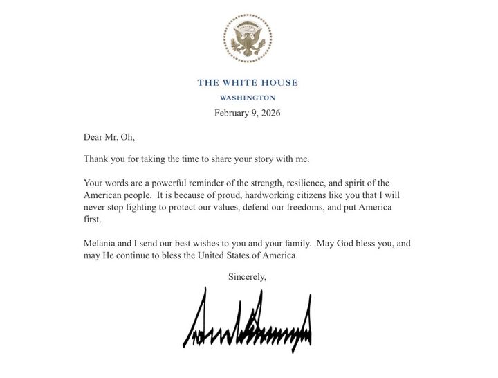 북한군자유송환비상대책위원회(비대위)가 공개한 도널드 트럼프 미국 대통령의 회신. (사진=북한군자유송환비상대책위원회 제공) 2026.02.10. *재판매 및 DB 금지