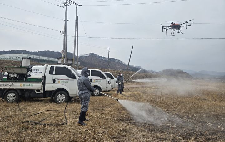 [춘천=뉴시스] 10일 농협중앙회 강원본부(본부장 김병용)는 이날 오후 원주축산농협(조합장 신동훈)과 강원 원주시 소재 원주천 철새 도래지에서 고병원성 조유인플루엔자(AI) 차단을 위한 방역에 나섰다고 밝혔다. 농협 강원본부 제공. *재판매 및 DB 금지