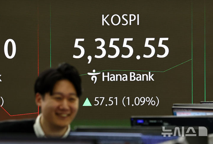 [서울=뉴시스] 김명년 기자 = 코스피가 전 거래일(5298.04)보다 52.17포인트(0.98%) 오른 5350.21에 개장한 10일 오전 서울 중구 하나은행 딜링룸에서 딜러들이 업무를 보고 있다. 코스닥 지수는 전 거래일(1127.55)보다 4.69포인트(0.42%) 오른 1132.24에 거래를 시작했다. 원·달러 환율은 전 거래일 주간거래 종가(1460.3)보다 1.3원 내린 1459.0원에 출발했다. 2026.02.10. kmn@newsis.com