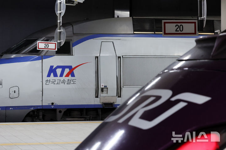 [서울=뉴시스] 조성우 기자 = 철도운영사 통합을 위한 고속열차 교차 시운전이 실시된 10일 서울 강남구 수서역 승강장에 KTX 시운전 열차와 SRT 열차가 나란히 정차해 있다. 2026.02.10. xconfind@newsis.com