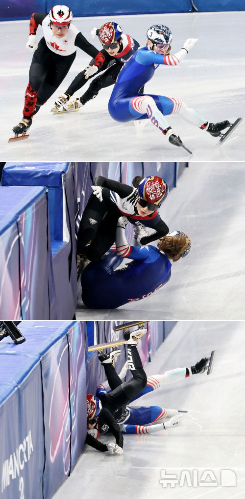 [밀라노=뉴시스] 김근수 기자 = 쇼트트랙 김길리가 10일(현지 시간) 이탈리아 밀라노 아이스스케이팅 아레나에서 열린 2026 밀라노·코르티나 담페초 동계올림픽 쇼트트랙 혼성 계주 준결승에서 주행 도중 미국 선수에 걸려 넘어지고 있다. 2026.02.10. ks@newsis.com