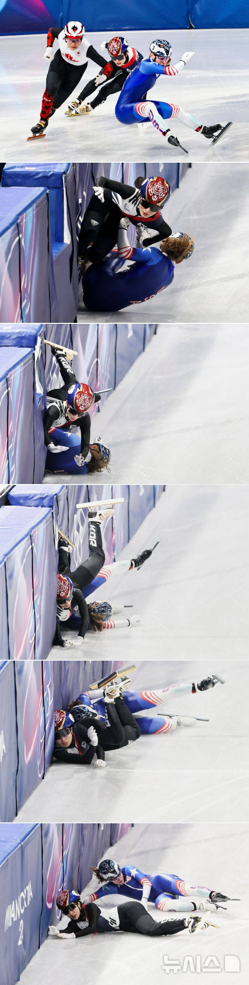 [밀라노=뉴시스] 김근수 기자 = 쇼트트랙 김길리가 10일(현지 시간) 이탈리아 밀라노 아이스스케이팅 아레나에서 열린 2026 밀라노·코르티나 담페초 동계올림픽 쇼트트랙 혼성 계주 준결승에서 주행 도중 미국 선수에 걸려 넘어지고 있다. 2026.02.10. ks@newsis.com