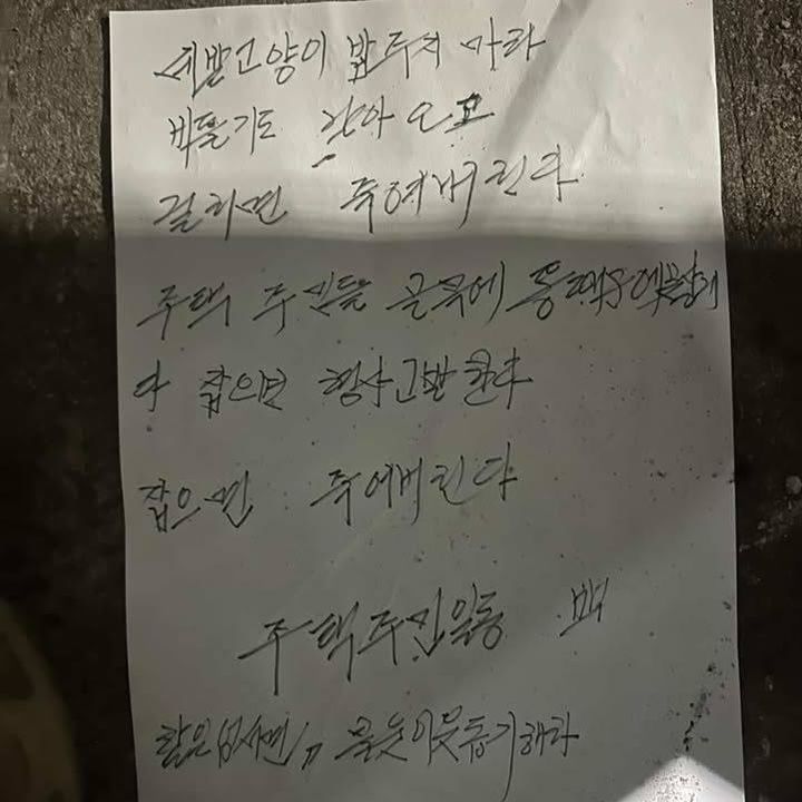 "고양이 밥 주면 죽여버린다"…부산 아파트에 살벌한 경고문