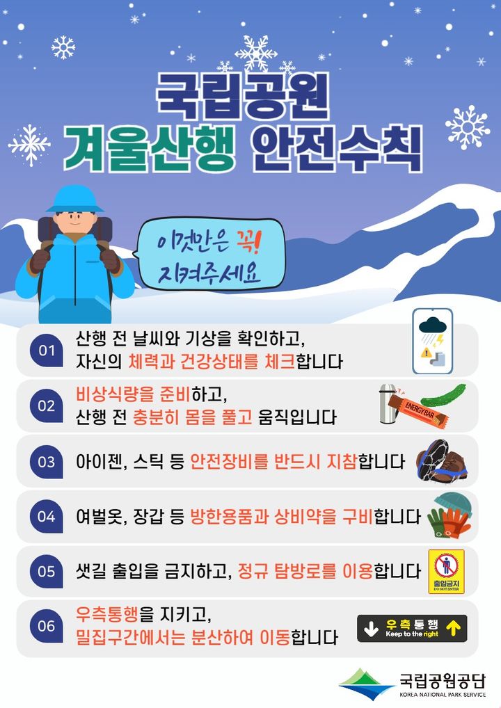 [세종=뉴시스]국립공원 겨울철 산행 안전 수칙 그래픽이다.(사진=국립공원공단 제공) *재판매 및 DB 금지