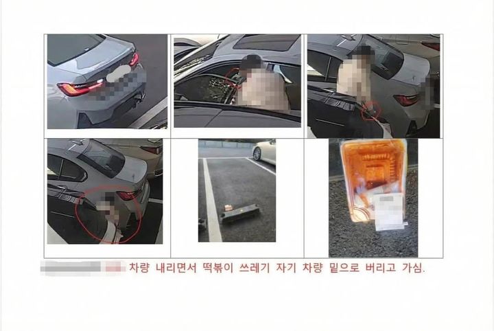 [뉴시스]수입차 전시장 주차장에 떡볶이를 버리고 간 고객의 모습. (사진 = 보배드림 캡처) *재판매 및 DB 금지
