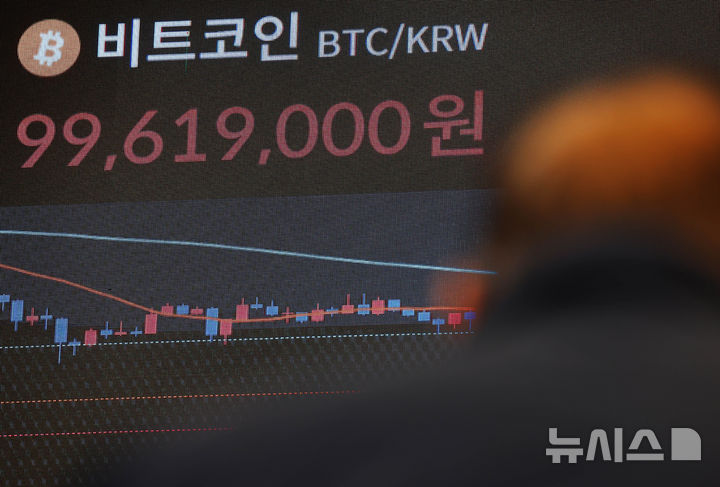 [서울=뉴시스] 배훈식 기자 = 비트코인이 1억선 아래로 내려간 12일 오전 서울 서초구 빗썸라운지 강남본점 전광판에 비트코인 시세가 9900만원 대로 표시되어 있다. 2026.02.12. dahora83@newsis.com
