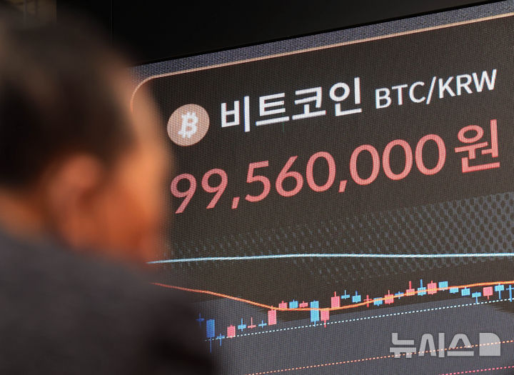 [서울=뉴시스] 배훈식 기자 = 비트코인이 1억선 아래로 내려간 지난 12일 오전 서울 서초구 빗썸라운지 강남본점 전광판에 비트코인 시세가 9900만원 대로 표시되어 있다. 2026.02.12. dahora83@newsis.com