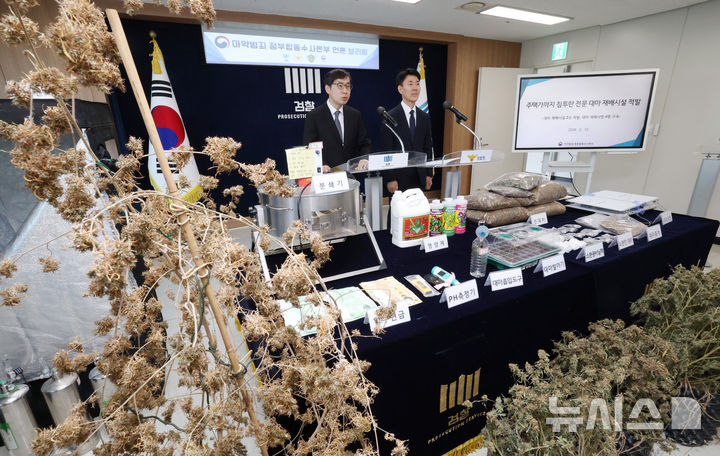 [수원=뉴시스] 김종택 기자 = 마약범죄 정부합동수사본부(합수본) 는 12일 경기 수원시 영통구 수원지방검찰청에서 마약류관리에관한법률위반(대마) 등 혐의로 A(44)씨 등 대마재배 사범 4명을 구속기소했다고 밝혔다.A씨 등 2명은 2024년 1월부터 지난해 12월까지 경기 오산역 인근 상가 건물에 온실과 LED 조명기구, 공기정화기, pH 측정기 등 전문 대마 재배 시설을 설치하고 대마 16주를 재배하고, 약 4㎏의 대마를 보관한 혐의를 받는다. 2026.02.12. jtk@newsis.com