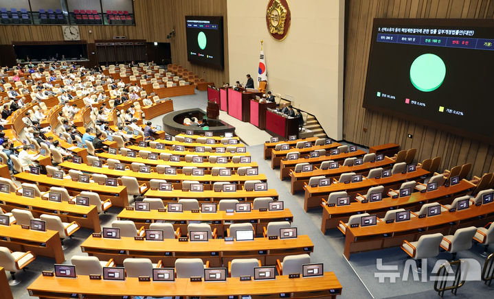 [서울=뉴시스] 김금보 기자 = 12일 오후 서울 여의도 국회에서 열린 제432회국회(임시회) 제6차 본회의에서 법안들이 국민의힘 보이콧 속에 가결되고 있다.국민의힘은 전날 여당이 법제사법위원회에서 '대법관 증원법'과 '재판소원허용법'을 강행 처리한것을 두고 본회의 보이콧을 선언했다. 2026.02.12. kgb@newsis.com