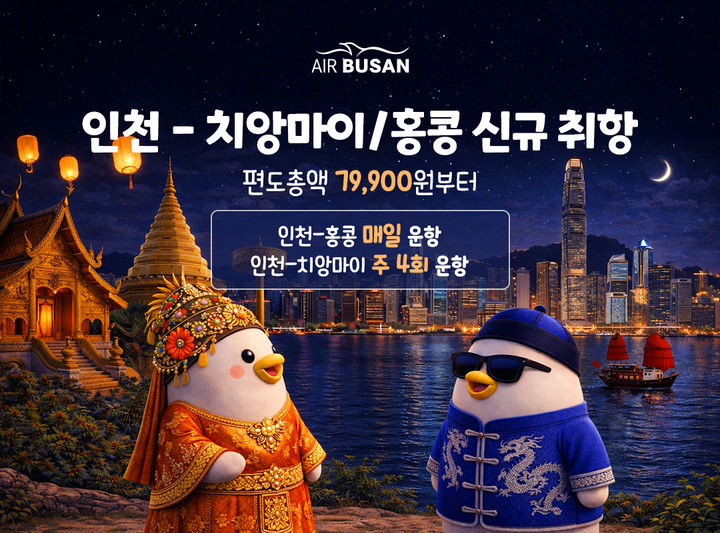[부산=뉴시스] 에어부산은 인천~홍콩 및 치앙마이 부정기편 운항을 기념해 항공권 할인 프로모션을 실시한다. (사진=에어부산 제공) 2026.02.13 photo@newsis.com *재판매 및 DB 금지