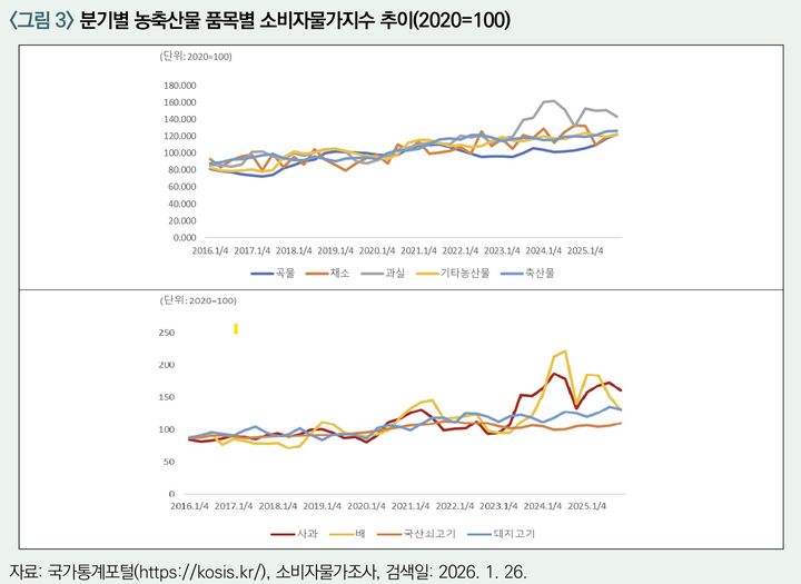 [세종=뉴시스] 2016년부터 2025년까지 분기별 농축산물 품목별 소비자물가지수 추이. (자료 = 한국농촌경제연구원 제공) 2026.02.13. *재판매 및 DB 금지