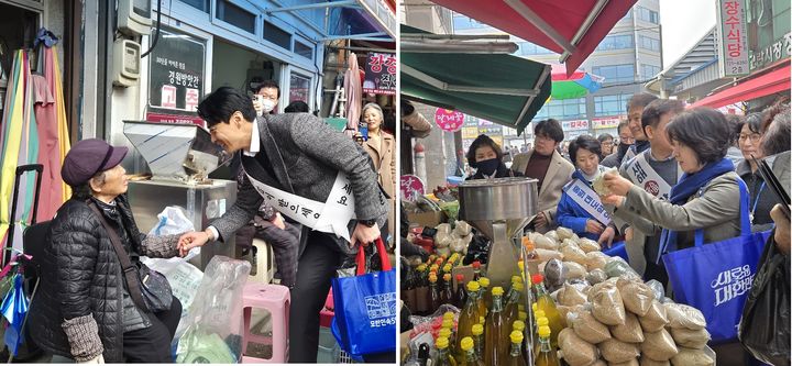 [성남=뉴시스] 이병희 기자 = 경기도지사에 출마하는 한준호 국회의원과 추미애 국회의원이 14일 성남 모란시장에서 시민들과 대화하고 있다. 2026.02.14. iambh@newsis.com *재판매 및 DB 금지