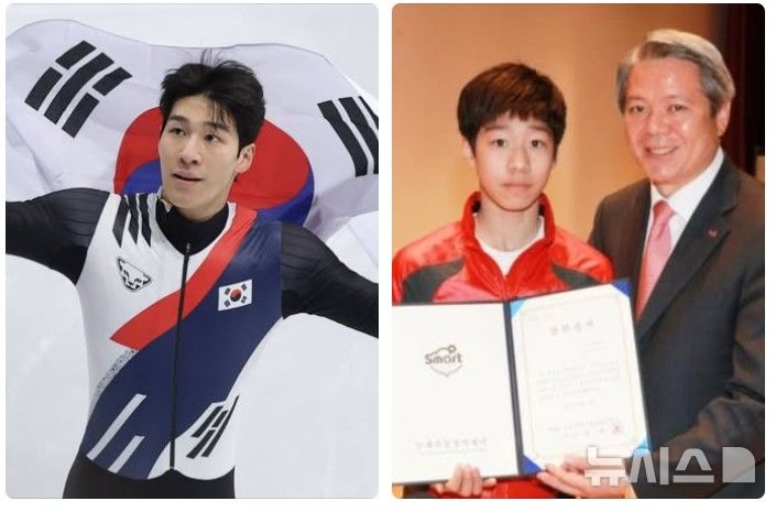 [안양=뉴시스] 2026 밀라노·코르티나담페초 동계올림픽 쇼트트랙 남자 1500m 결승에서 은메달을 획득한 황대헌이 태극기를 두르고 기뻐하는(사진 왼쪽) 가운데 황 선수가 학생 시절 안양시 인재육성재단의 이사장인 최대호 시장(사진 오른쪽)으로부터 장학 증서를 받고 있다. (사진=최대호 시장 페이스북 캡처).*재판매 및 DB 금지