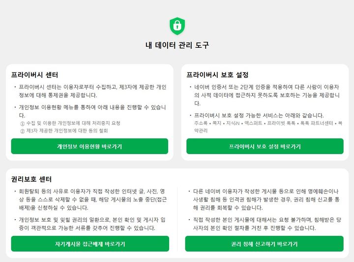 [서울=뉴시스] 16일 업계에 따르면 네이버는 최근 고객센터에 '내 데이터 관리 도구' 페이지를 신설했다. 2026.02.16. (사진=네이버 고객센터 캡처) *재판매 및 DB 금지