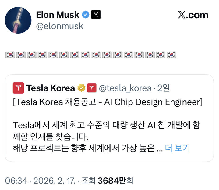 [뉴시스]일론 머스크 테슬라 최고경영자(CEO)가 테슬라의 한국인 인재 채용 홍보를 독려하고 있다. (사진 = 일론 머스크 X 캡처) *재판매 및 DB 금지