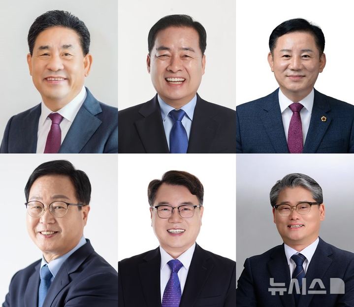 [완주=뉴시스] 위 왼쪽부터 국영석 전 전북도의원, 서남용 전 완주군의회 의장, 송지용 전 전북도의장, 아래 유희태 완주군수, 이돈승 전 더불어민주당 당대표 특보, 임상규 전 전북자치도 행정부지사 (가나다 순). *재판매 및 DB 금지