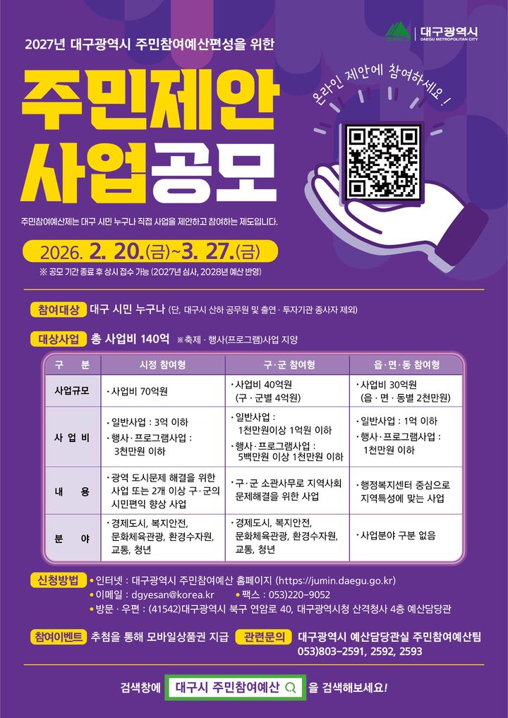 [대구=뉴시스]대구시 '2027년도 예산편성을 위한 주민제안사업' 공모 홍보포스터(사진=대구시 제공) 2026.02.19 photo@newsis.com *재판매 및 DB 금지