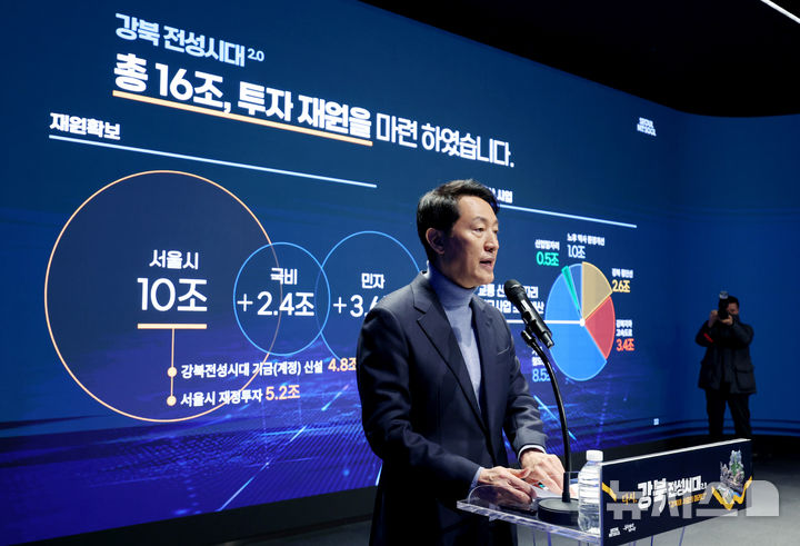 [서울=뉴시스] 김진아 기자 = 오세훈 서울시장이 19일 서울시청 서울갤러리 미래관에서 강남·북 균형발전을 실현하기 위한 '다시, 강북전성시대 2.0' 기자설명회를 하고 있다. '다시, 강북전성시대 2.0'은 재원 16조원(국고보조금·민간투자 6조원+시비 10조원)을 투자해 강북 지역 교통망을 확충하고 산업 거점을 조성해 도시 구조를 재편하는 사업이다. 2026.02.19. bluesoda@newsis.com