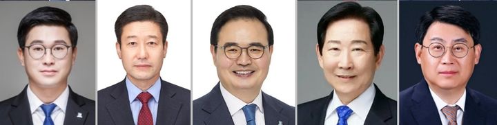 충주시장 선거 민주당 주자들. 왼쪽부터 곽명환, 노승일, 맹정섭, 우건도, 이태성. *재판매 및 DB 금지