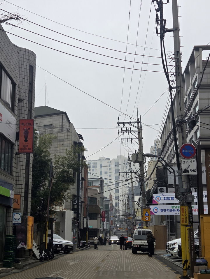 [서울=뉴시스] 청담 맛의 거리에 복잡하게 얽힌 전선. 2026.02.20. (사진=강남구 제공) *재판매 및 DB 금지