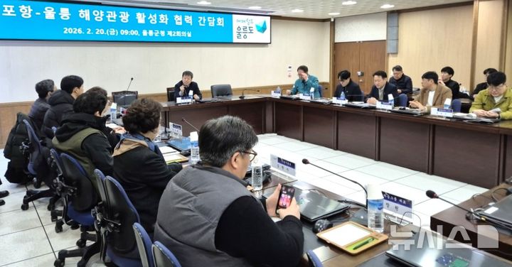 [포항=뉴시스] 송종욱 기자 = 20일 울릉군청 회의실에서 포항시-울릉군 관계자가 복합 해양 레저 관광 도시 조성으로 경북 동해안 해양 관광 활성화를 위한 전략 수립과 실질적인 공동 과제 도출을 위한 실무 회의를 열고 있다. (사진=포항시 제공) 2026.02.20. photo@newsis.com