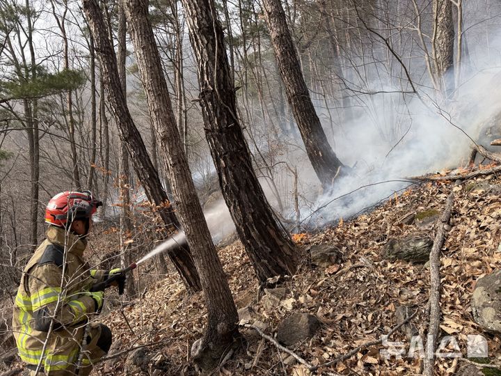 [함양=뉴시스]22일 경남 함양군 마천면 창원리 산불 현장에 투입된 경남119특수구조대원이 잔불 정리 작업을 하고 있다.(사진=경남소방본부 제공) 2025.02.22. photo@newsis.com
