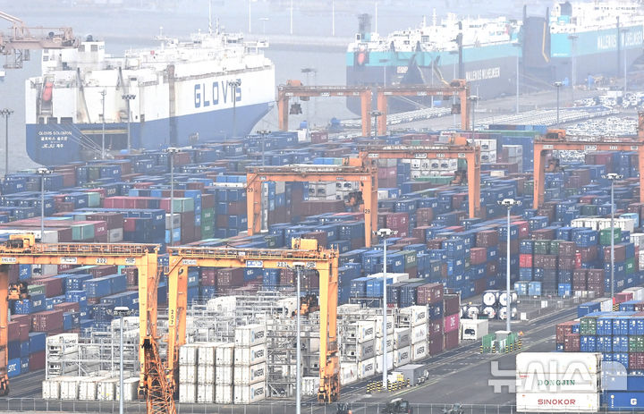 [평택=뉴시스] 김종택 기자 = 도널드트럼프 미국 대통령이 연방대법원의 상호관세 위법 판결 이후 전 세계 수입품에 부과한 '글로벌 관세'를 10%에서 15%로 인상하겠다고 21일(현지시간) 밝혔다.사진은 22일 경기 평택시 포승읍 평택항 야적장에 수출입 컨테이너가 쌓여 있는 모습. 2026.02.22. jtk@newsis.com