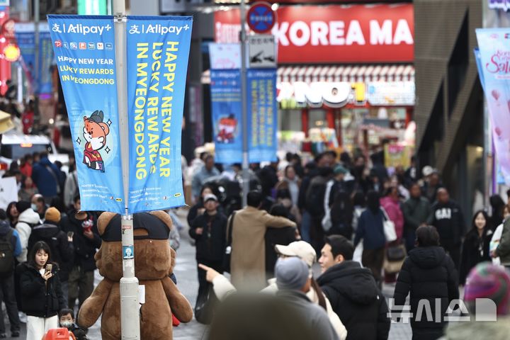 [서울=뉴시스] 김명년 기자 = 중국 춘절 연휴기간인 22일 서울 중구 명동거리에 명동관광특구협의회의 알리페이 결제 시 즉시 할인 혜택 관련 현수막이 게시돼 있다. 2026.02.22. kmn@newsis.com