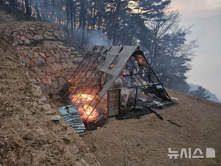 [함양=뉴시스] 23일 오전 6시 50분께 경남 함양군 마천면에서 발생한 산불이 인근 휴천면 문정리 백연마을까지 번져 소규모 비닐하우스 창고가 불에 타고 있다 (사진=함양군 제공) 2026. 02. 23. photo@newsis.com