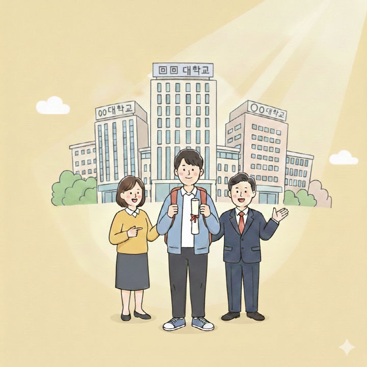 [서울=뉴시스] 상위권 3개 대학에 합격한 학생과 응원하는 사람들_AI 생성 이미지. 2026.02.23. (자료=강남구 제공) *재판매 및 DB 금지