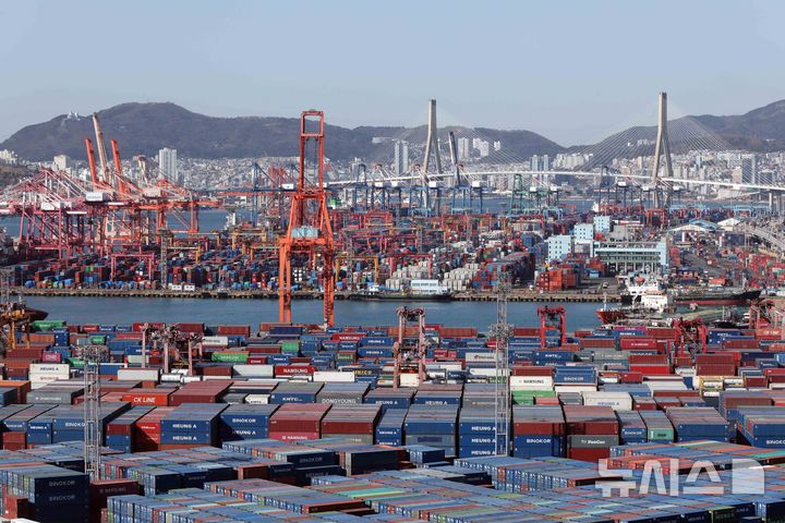  [부산=뉴시스] 하경민 기자 = 부산 남구 신선대(사진 아래) 및 감만(위) 부두 야적장에 수출입 컨테이너가 쌓여 있다. 2026.02.23. yulnetphoto@newsis.com