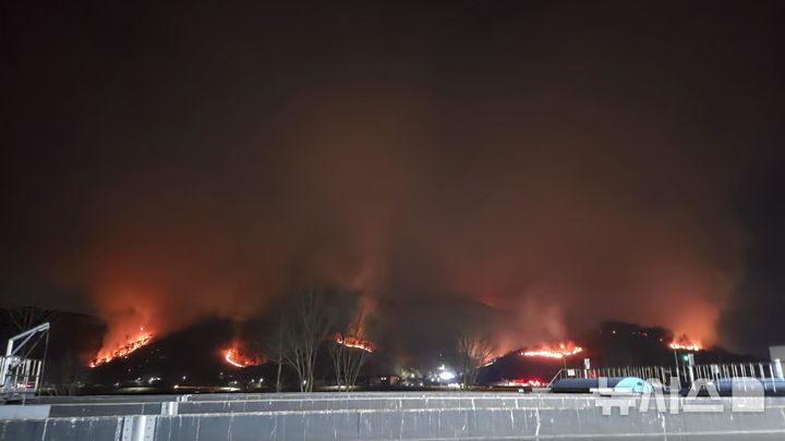 [밀양=뉴시스]지난 23일 오후 4시10분 경남 밀양시 삼랑진읍 검세리 한 야산에서 발생한 산불이 강풍으로 확산하고 있다.(사진=경남도 제공) 2026.02.24. photo@newsis.com
