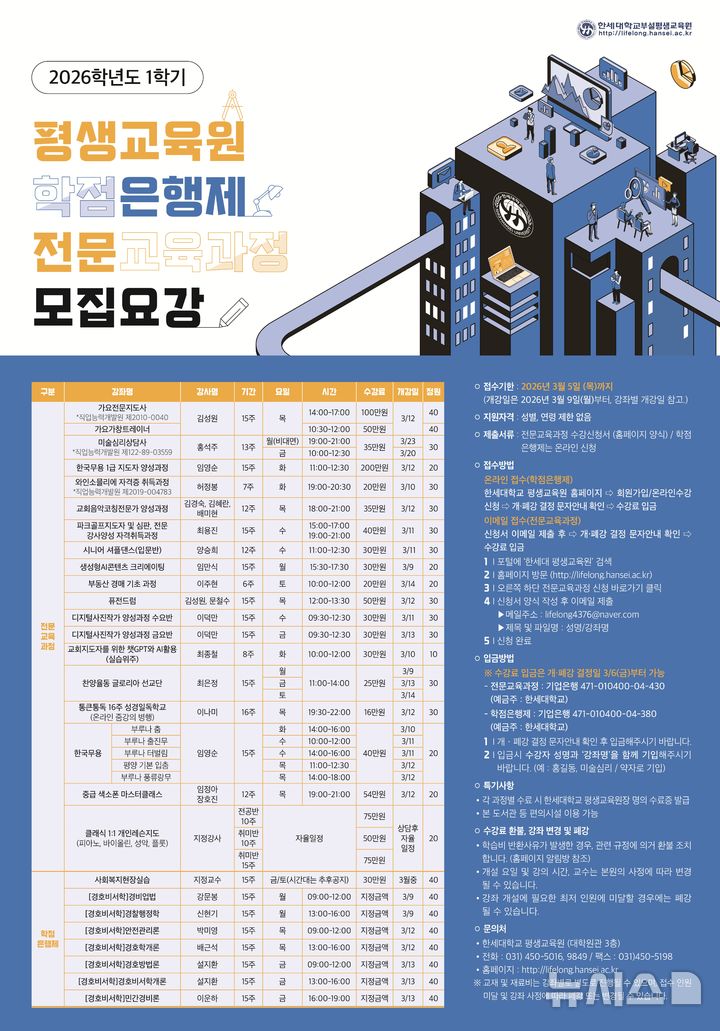 [군포=뉴시스] 한세대학교 평생교육원이 2026학년도 1학기 수강생을 모집한다. (안내문=한세대 제공).2026.02.24.photo@newsis.com