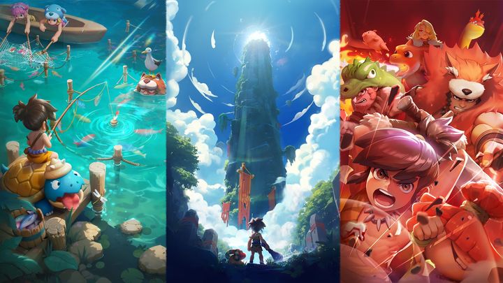 [서울=뉴시스] 스톤에이지 키우기의 양식장, 천공의 탑, 투기장 모습. (사진=넷마블 제공) *재판매 및 DB 금지