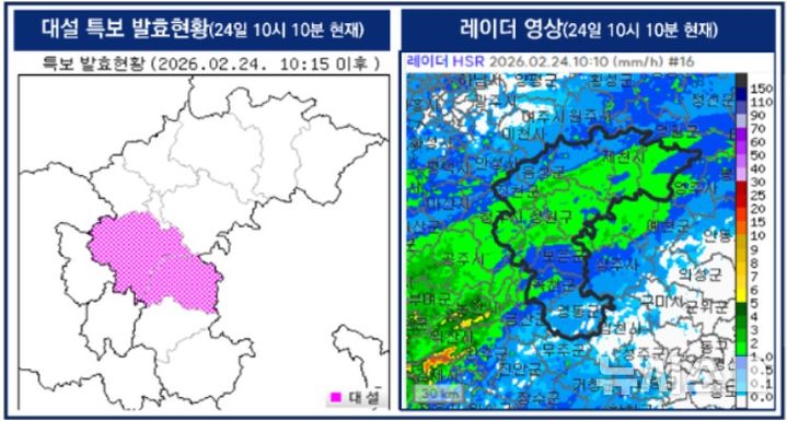 [청주=뉴시스] 충북지역 대설특보 발효현황 및 레이더 영상 (자료=기상청 제공)