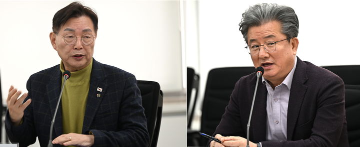 [사진=뉴시스DB] 김제선 대전 중구청장과 정용래 유성구청장이 8일 오전 광주 동구청에서 자치분권 강화를 위한 행정통합 간담회에서 발언하고 있다. *재판매 및 DB 금지