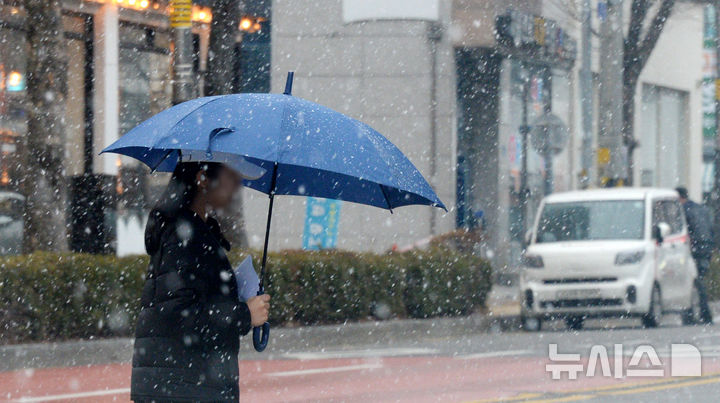 [전주=뉴시스] 김얼 기자 = 쌀쌀한 겨울 날씨가 찾아온 24일 전북 전주시 덕진구 송천동에서 시민들이 내리는 눈 사이로 길을 지나고 있다. 2026.02.24. pmkeul@newsis.com