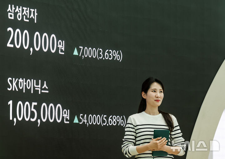 [서울=뉴시스] 정병혁 기자 = 24일 서울 중구 하나은행 딜링룸 전광판에 코스피 등 시황 정보가 나타나 있다.이날 코스피는 전 거래일(5846.09)보다 123.55포인트(2.11%) 오른 5969.64에 마감했다.삼성전자와 SK하이닉스는 이날 오후 장중 나란히 20만원, 100만원을 돌파했다. 삼성전자는 7000원 오른 20만원에, SK하이닉스는 5만4000원 오른 100만5000원에 거래를 마쳤다. 2026.02.24. jhope@newsis.com