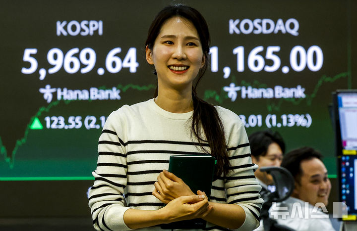 [서울=뉴시스] 정병혁 기자 = 24일 서울 중구 하나은행 딜링룸에 설치된 전광판에 코스피 등 시활 정보가 나타나 있다.이날 코스피는 전 거래일(5846.09)보다 123.55포인트(2.11%) 오른 5969.64에 마감했다.코스닥 지수는 전 거래일(1151.99)보다 13.01포인트(1.13%) 상승한 1165.00에 거래를 마쳤다.서울 외환시장에서 원·달러 환율은 전 거래일(1440.0원)보다 2.5원 오른 1442.5원에 주간 거래를 마감했다. 2026.02.24. jhope@newsis.com