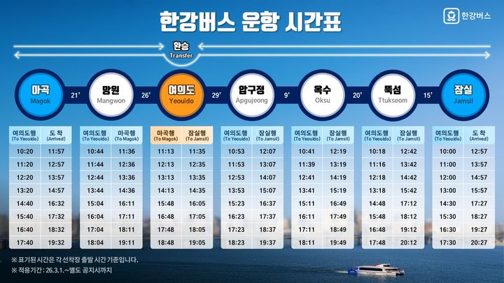 [서울=뉴시스] 한강버스 운항시간표. 2026.02.25. (표=서울시 제공) *재판매 및 DB 금지