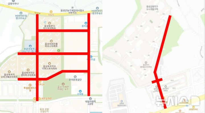 [음성=뉴시스] (왼쪽부터) 대소면 성본산업단지 도로 일원과 금왕읍 자이센트럴시티아파트 인근 도로 일원. (자료=음성군 제공)