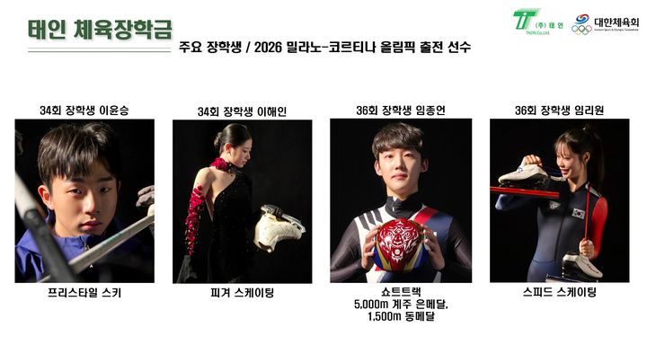 [서울=뉴시스] 2026 밀라노·코르티나담페초 동계올림픽에서 활약한 태인체육장학생 이윤승, 이해인, 임종언, 임리원. (사진=대한체육회 제공) 2026.02.25. *재판매 및 DB 금지