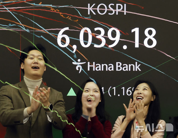 [서울=뉴시스] 김혜진 기자 = 코스피가 장중 6,000을 넘은 25일 오전 서울 중구 하나은행 딜링룸에서 관계자들이 코스피 6000 돌파를 축하하고 있다. 2026.02.25. jini@newsis.com