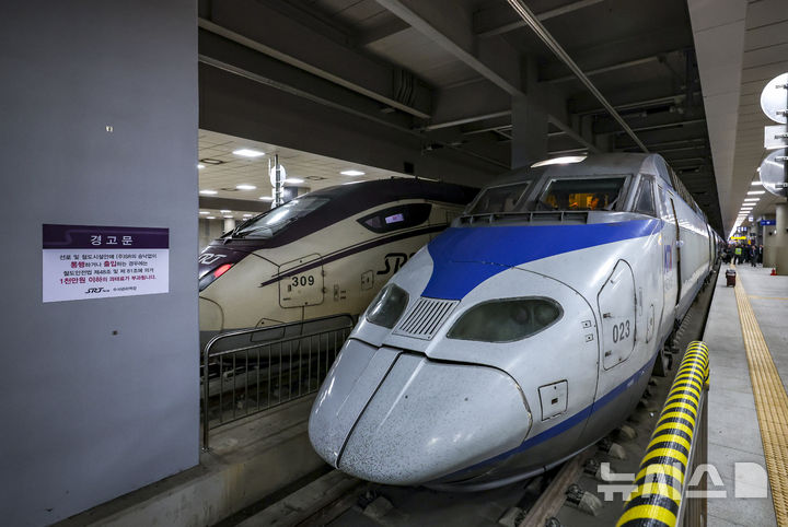 [서울=뉴시스] 정병혁 기자 = 25일 서울 강남구 수서역에 KTX와 SRT가 세워져 있다. 이날부터 국내 양대 고속철도인 KTX와 SRT의 통합을 앞두고 KTX 철도차량을 수서역에, SRT 철도차량을 서울역에 투입하는 시범 교차운행이 시작됐다. 2026.02.25. jhope@newsis.com